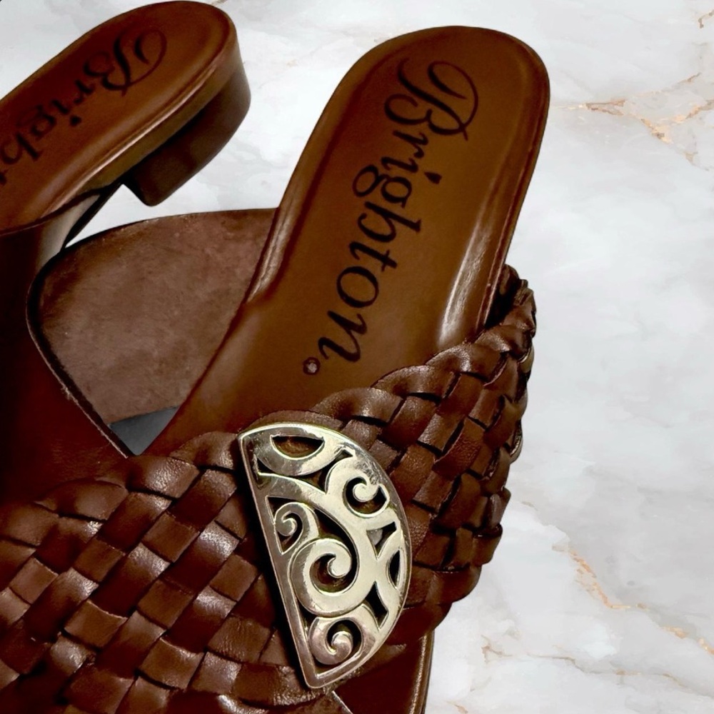 Brighton Neve Brown Leather Braided Slide Mules with Silver Embellishment - Picture 2 of 5